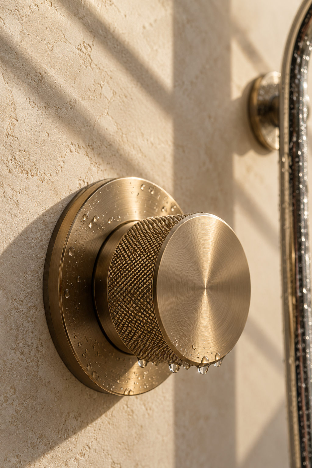 Original close-up study of a brushed bronze fixture and water droplets