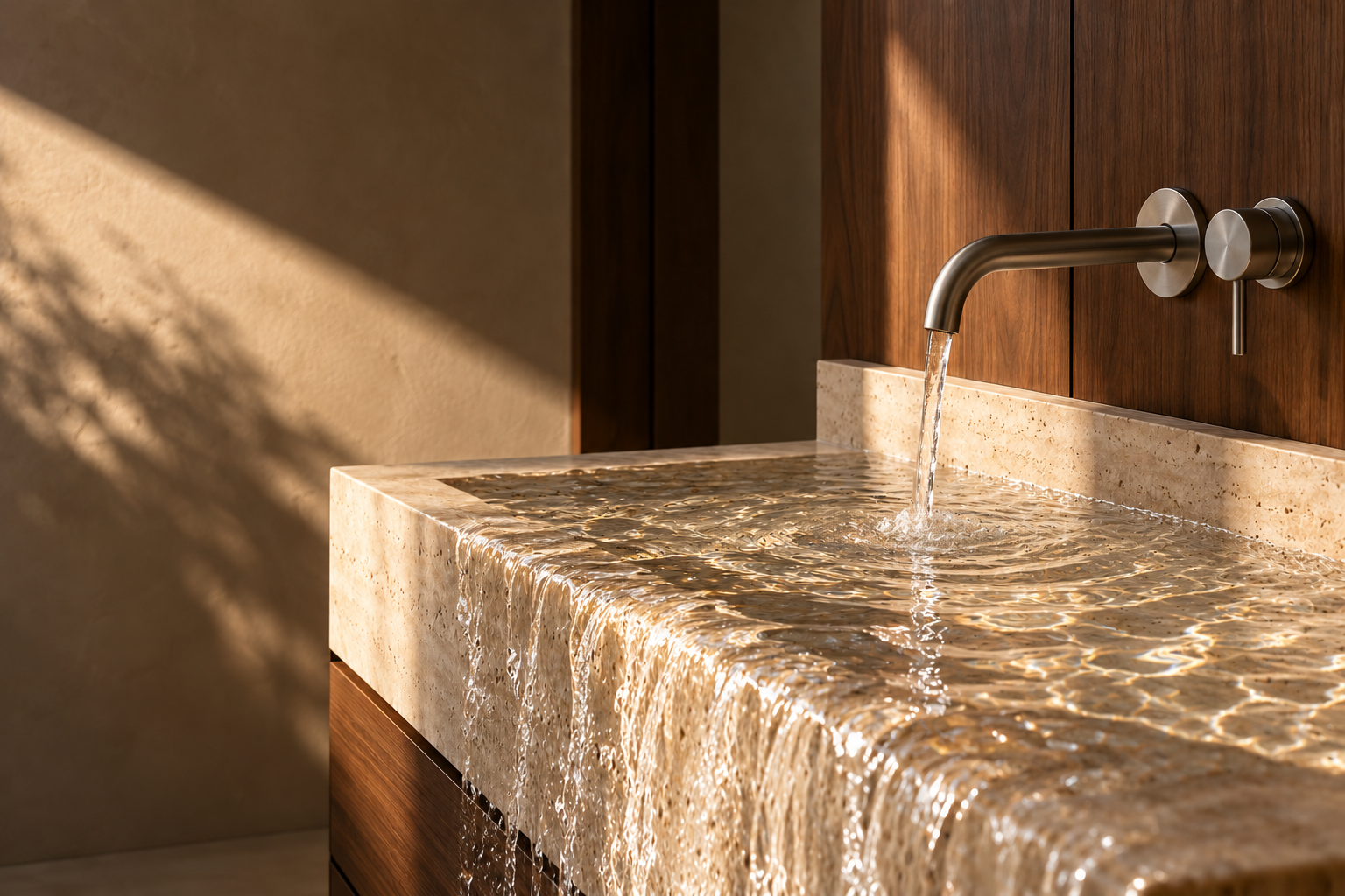 A sunlit stone sink filled to the rim with water overflowing down its front